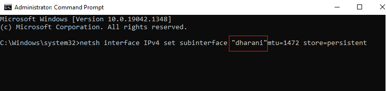 enter the following command in the command prompt netsh interface IPv4 set subinterface your network name mtu=1472 store=persistent