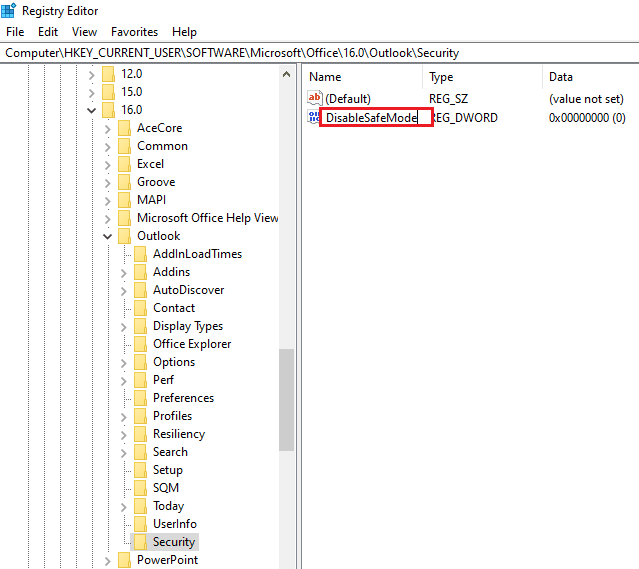 Enter the name of the DWORD as DisableSafeMode. Fix Outlook only Opens in Safe Mode on Windows 10