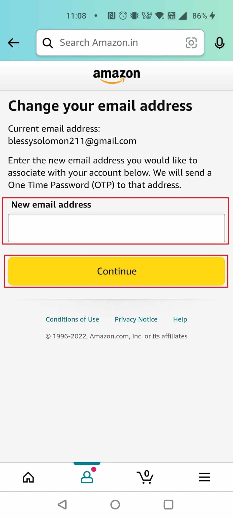 Enter the New email address and tap on Continue | How to Delete Your Amazon Account