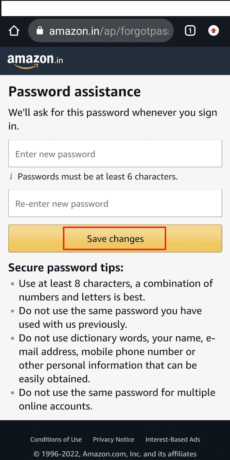Enter the new password and tap on Save changes | What Happens If You Forgot Your Amazon Password?