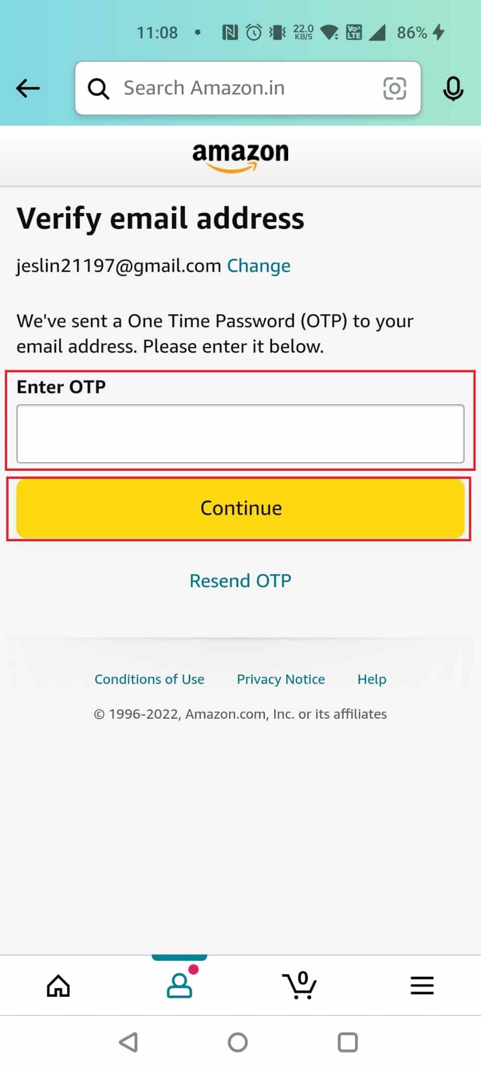 Enter the OTP you receive on that email. tap on Continue 