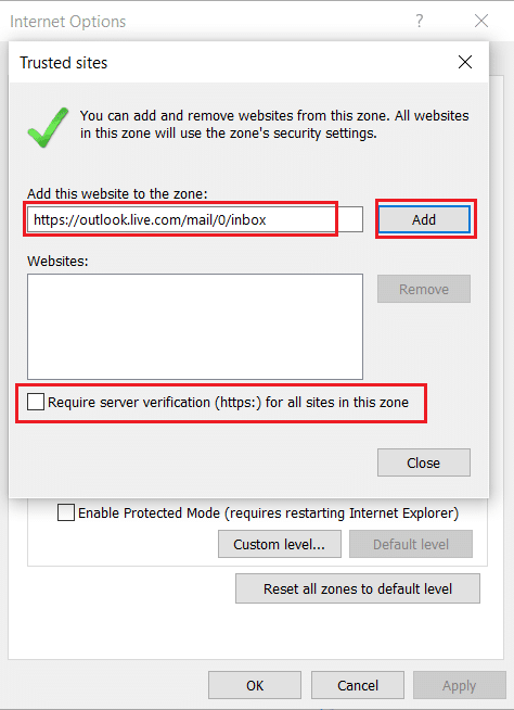 enter the owa page link and click on Add and uncheck Require server verification option (https) for all sites under this zone option. Internet Explorer not detected as a browser by S MIME