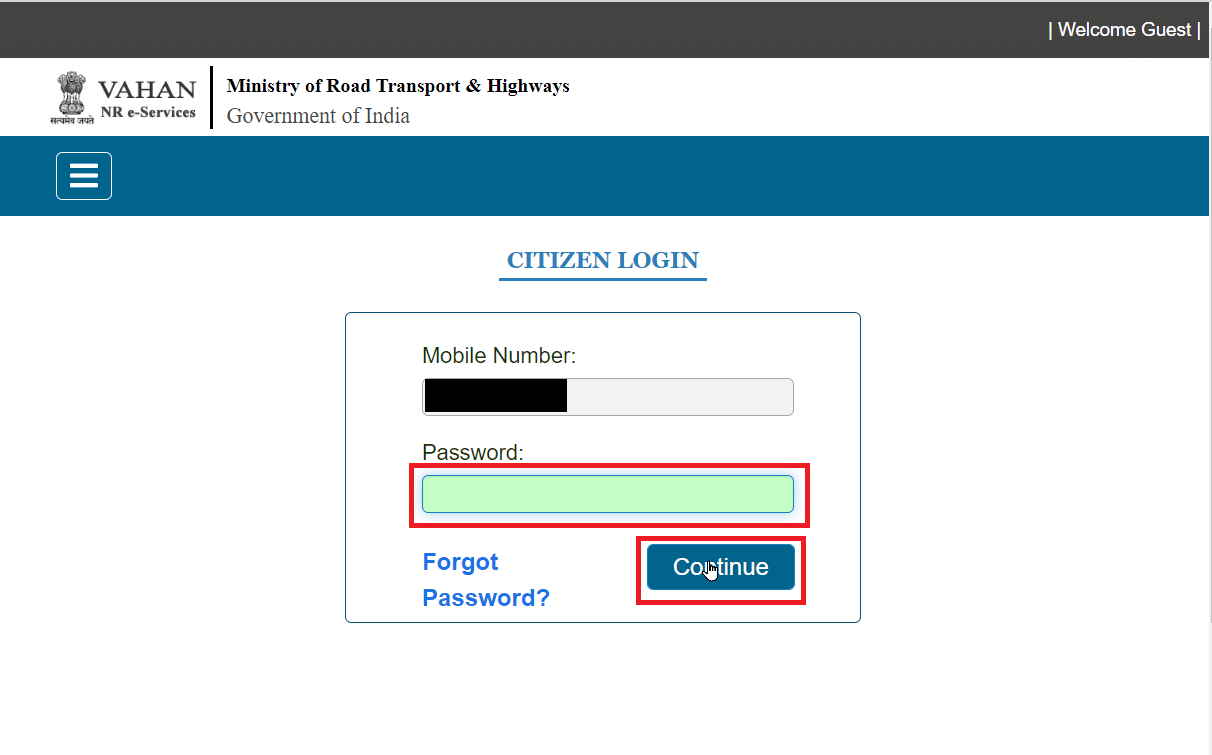 enter the password and click continue. How to Find Registered Owner of Vehicle for Free in India