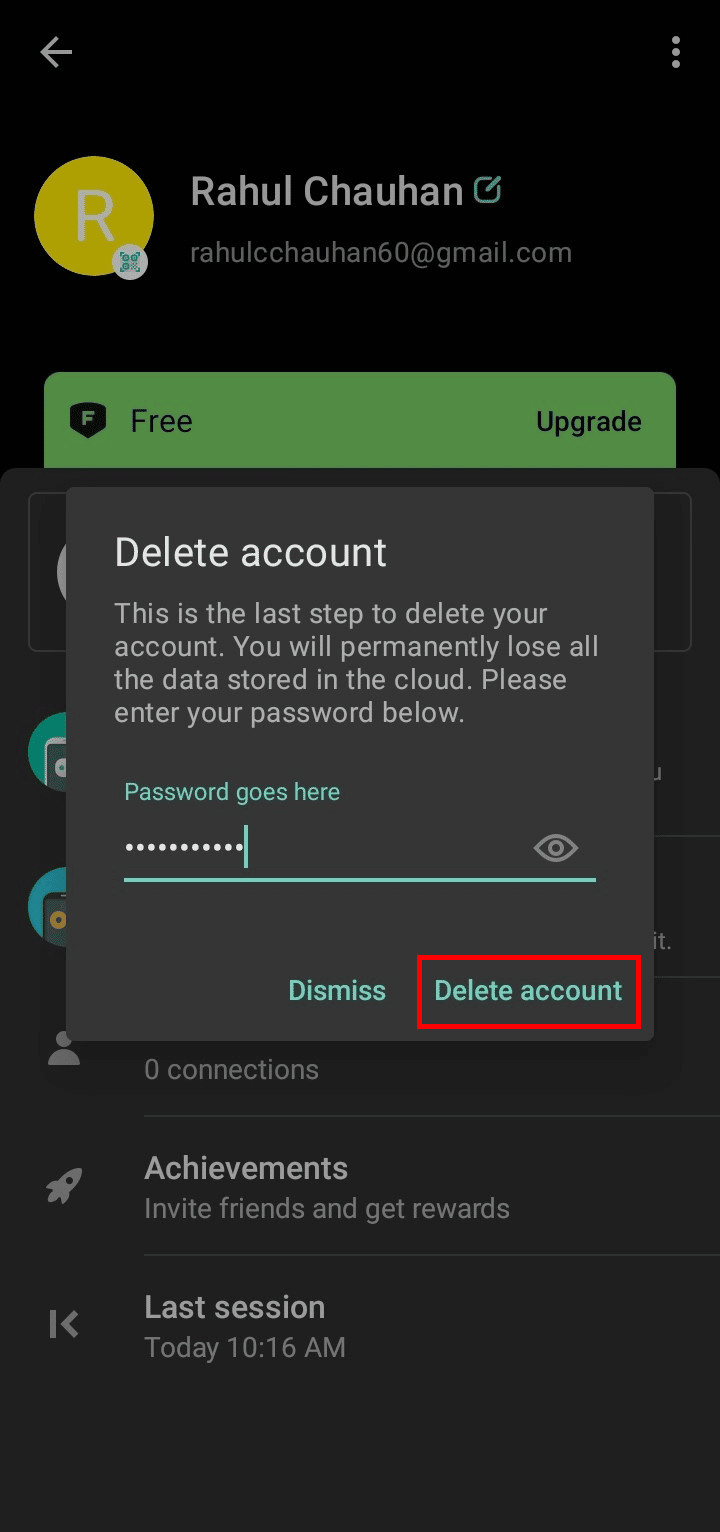 Enter the password and tap on Delete account to permanently delete the mega account.