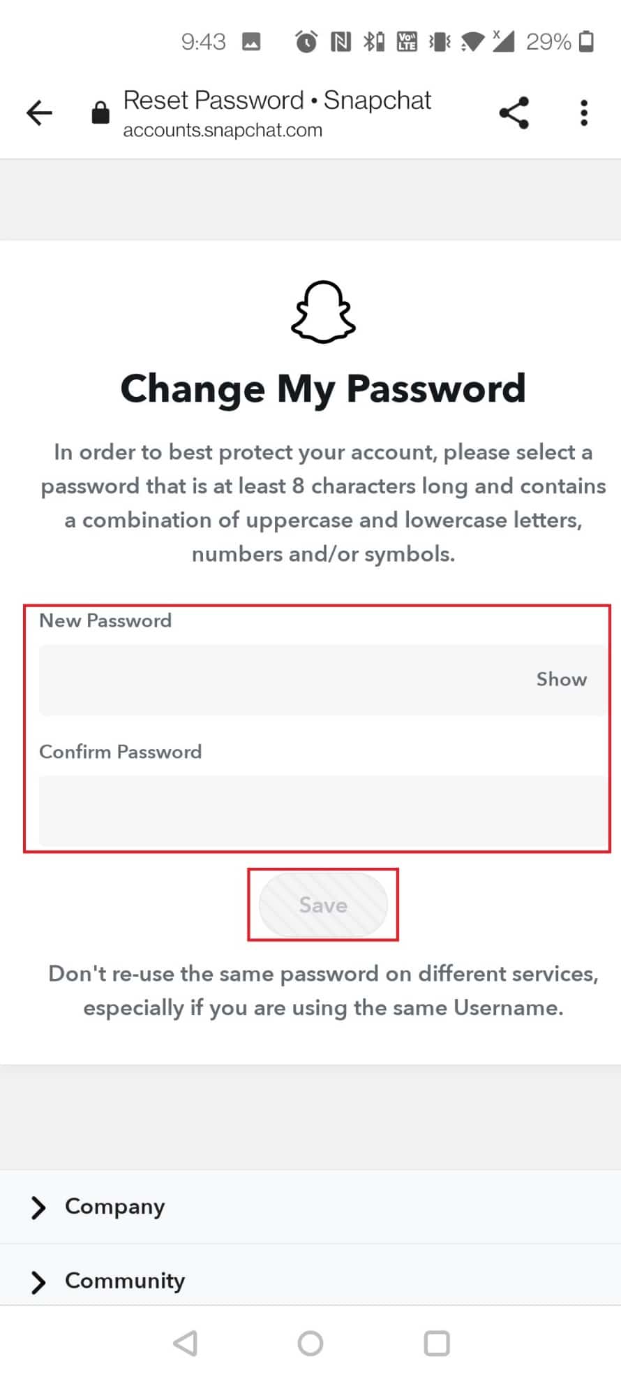 Geben Sie das Passwort zweimal ein und tippen Sie auf Speichern, um das Passwort zurückzusetzen