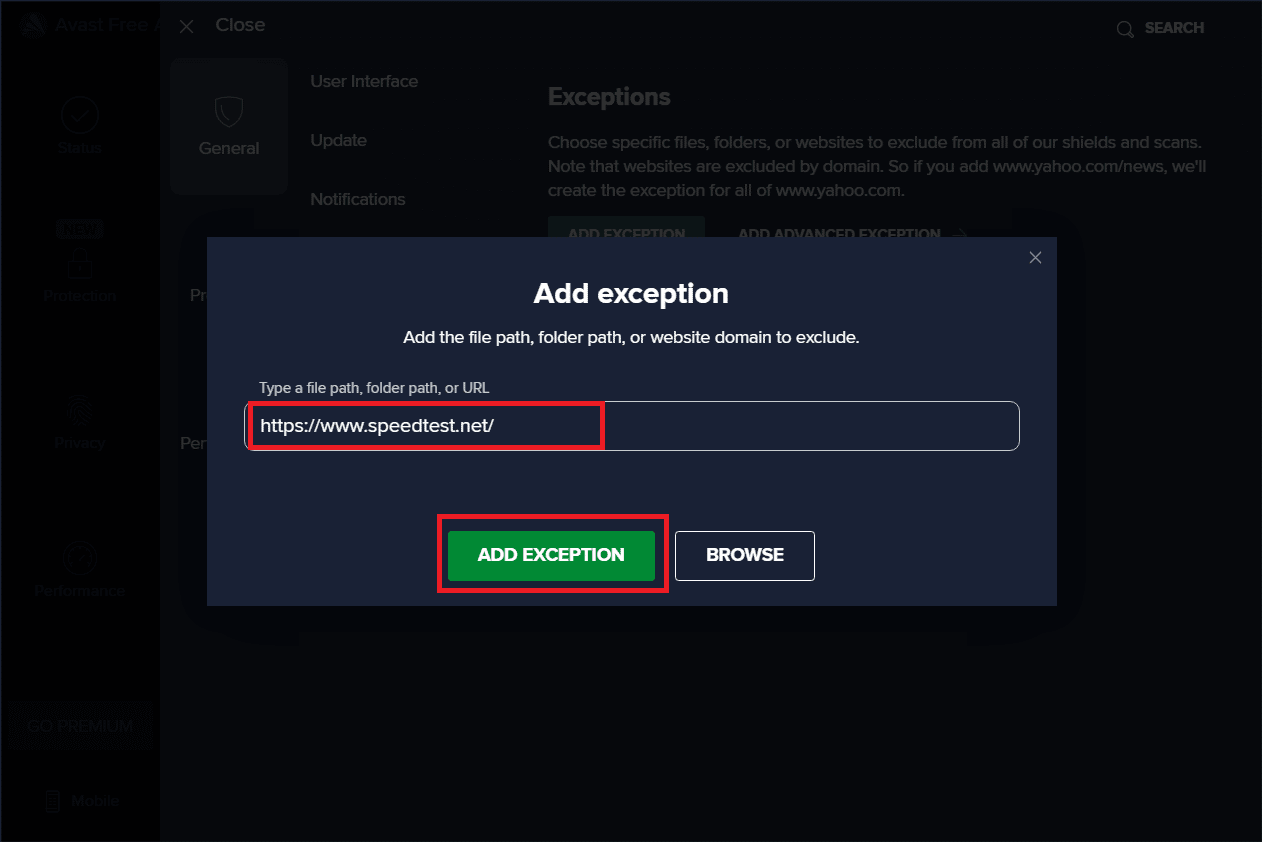 Enter the relevant URL and select ADD EXCEPTION