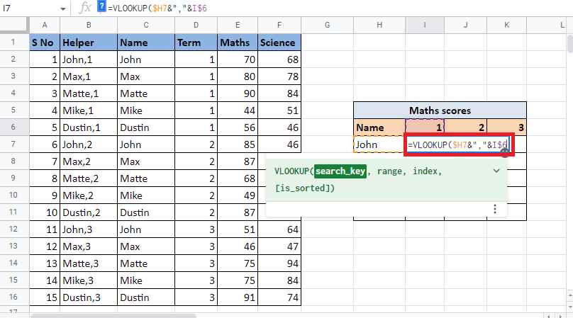 Enter the search_key that is the reference cell H7 and I6 by adding ampersand and separator. Lock the respective cell and column by pressing the F4 key | How to VLOOKUP Multiple Criteria and Columns in Google Sheets