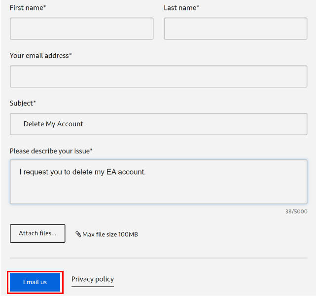 Enter the subject, describe the issue, and click on the Email us button to send your deletion request. | How Do I Unlink EA Account from PS4