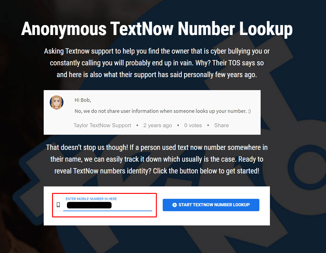 Enter the TextNow number you want to find out about in the search box.