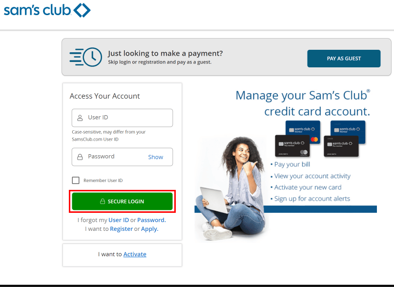 Enter the User ID and password and click on the SECURE LOGIN button | How to Change My Sam’s Club Membership