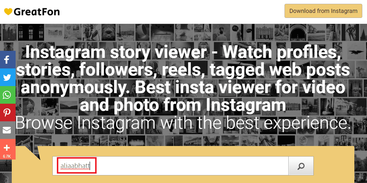 Enter username of desired profile on GreatFon | view Instagram posts and stories without an account