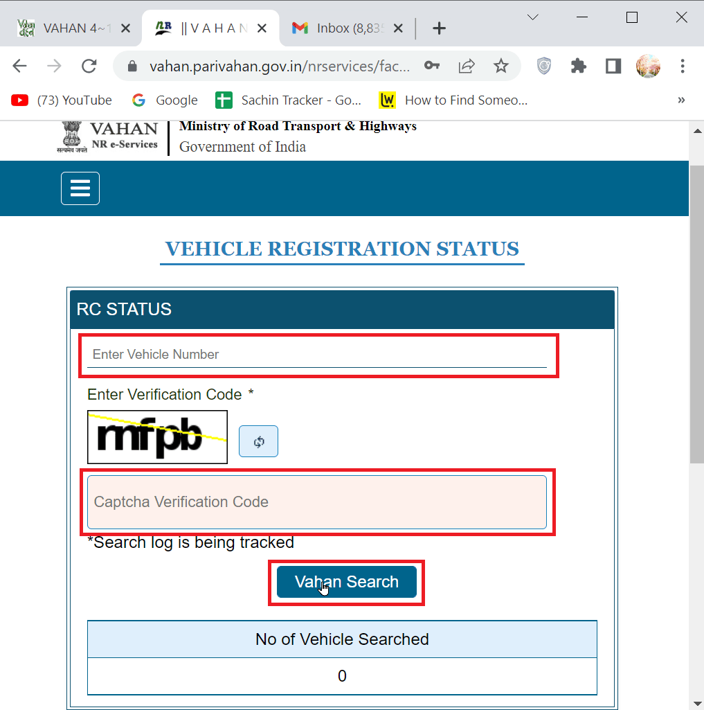 enter the vehicle registration details and enter captcha and click on search vehicle | How to Look Up License Plate Number Owner