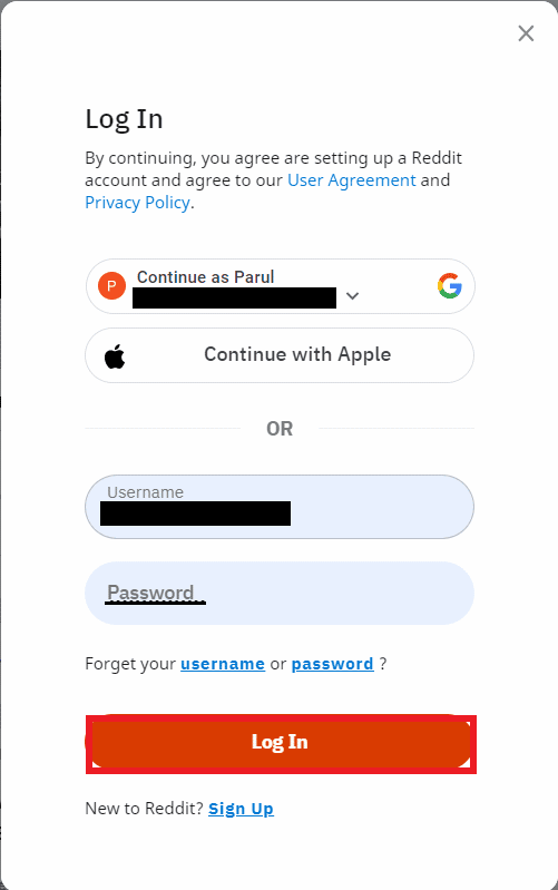 enter username and password and click on log in