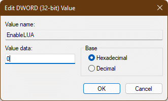 enter value data 0 to disable User Account Control in Edit DWORD value window Windows 11
