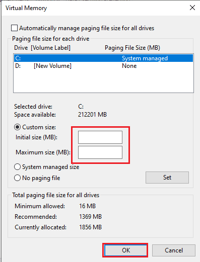 Enter values of the size of the memory in the fields and click on the OK button. Fix COD Vanguard Dev Error 6032 on Windows 10