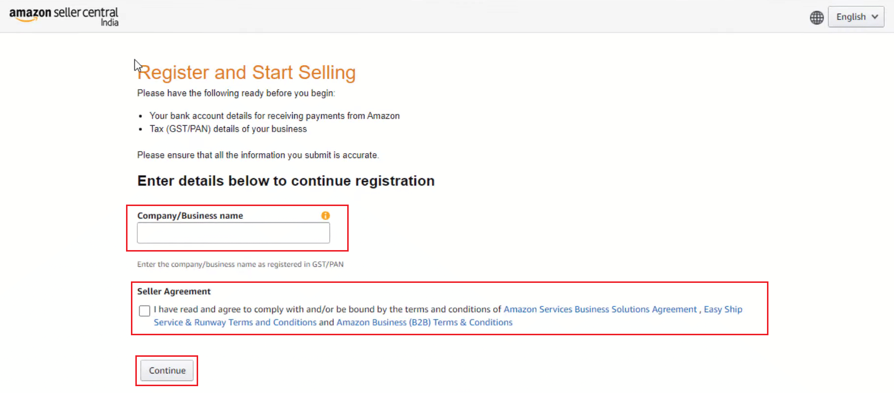 enter your Company or Business name and mark the Seller Agreement checkbox. Then, click on Continue