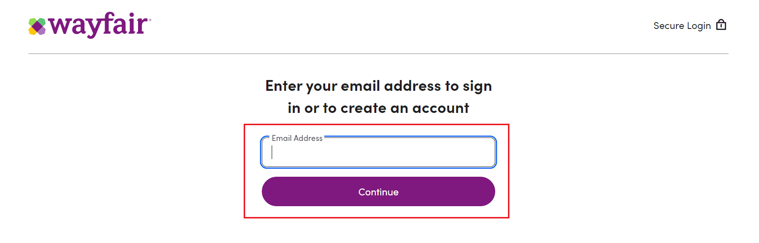 enter your Email Address and click on Continue | How to Switch from Wayfair Professional to Regular