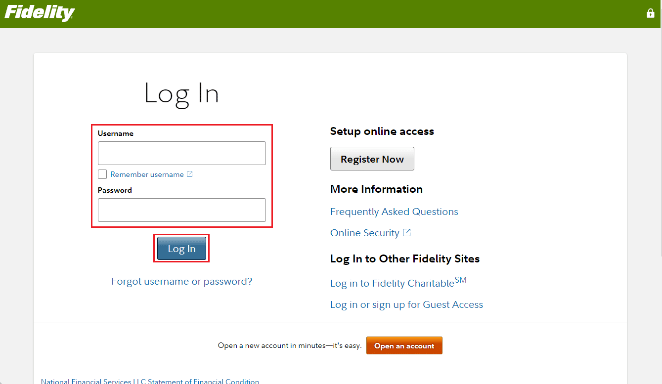 enter your Username and Password and click on Log In | How to Close Fidelity Account