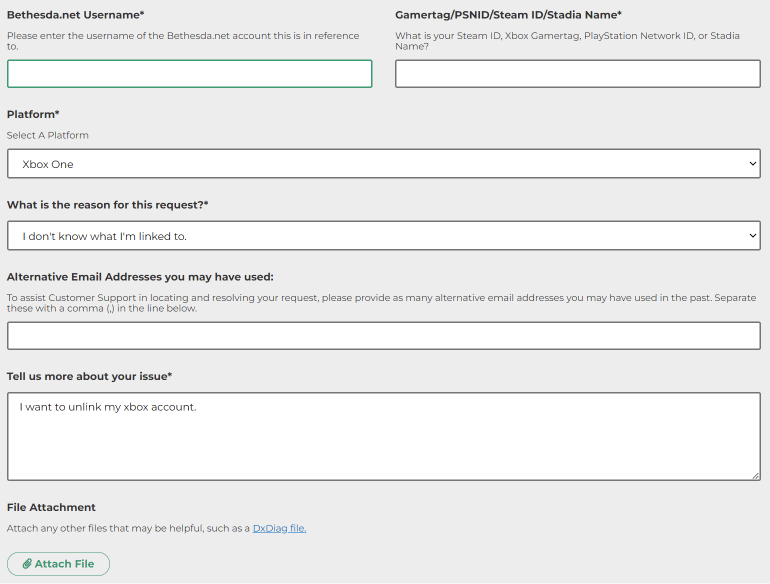 Enter your Bethesda username, Xbox ID or username, select Xbox One, and enter that I want to unlink my Xbox account.