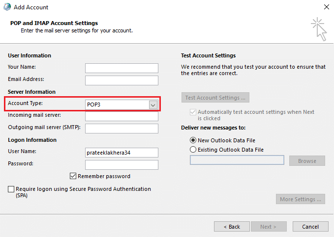 Enter your credentials and select account type POP3. Fix Error message can’t send right now try again later