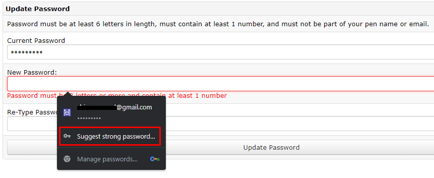 Enter your current password and let google suggest you a strong password by clicking on Suggest strong password option.