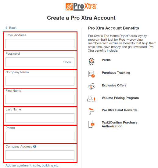 Enter your Email address, Password, First and last name, Phone, Company name, and Company Address. | How to Create Home Depot Account