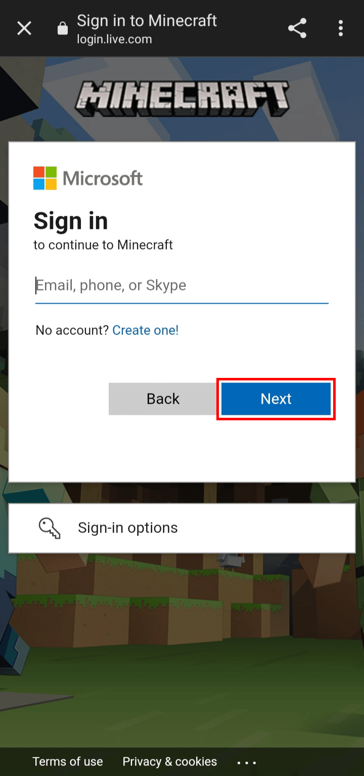 Enter your email and click on the Next button | How to Change Microsoft Account on Minecraft PE