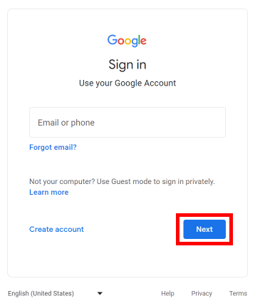 Enter your google email address and click on the Next button.