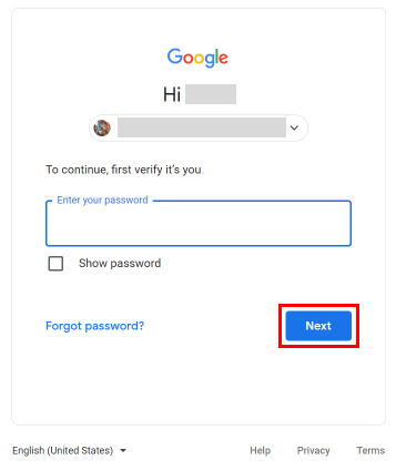 Enter your Google’s password and click on the Next button, to verify.