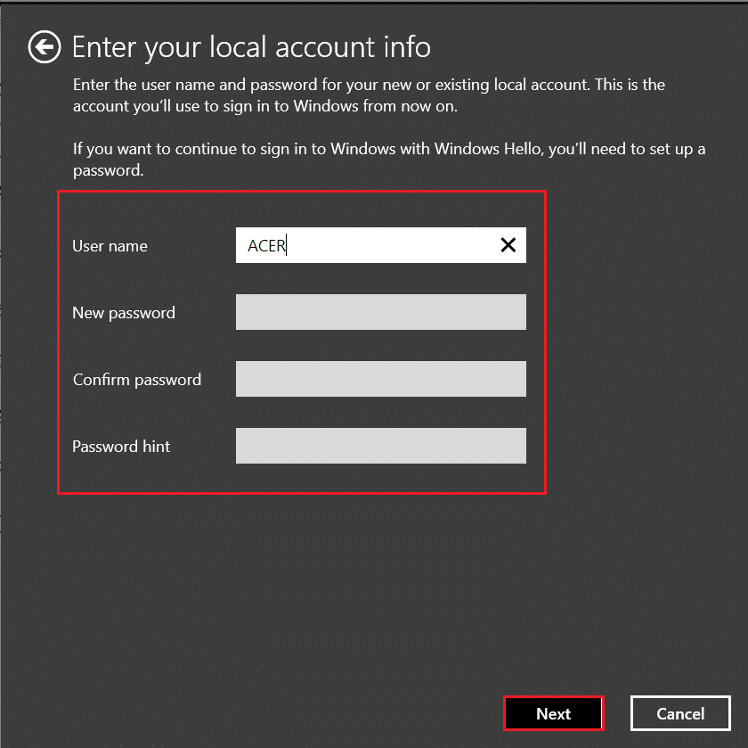 enter your local account infor and click on Next