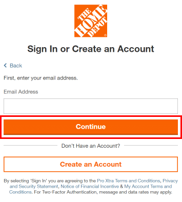 Enter your login email address and click on the Continue button. | How to Check Home Depot Card Balance