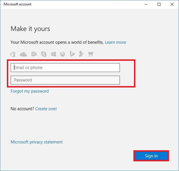 Enter your Microsoft account credentials to sign in to your account and click Sign in