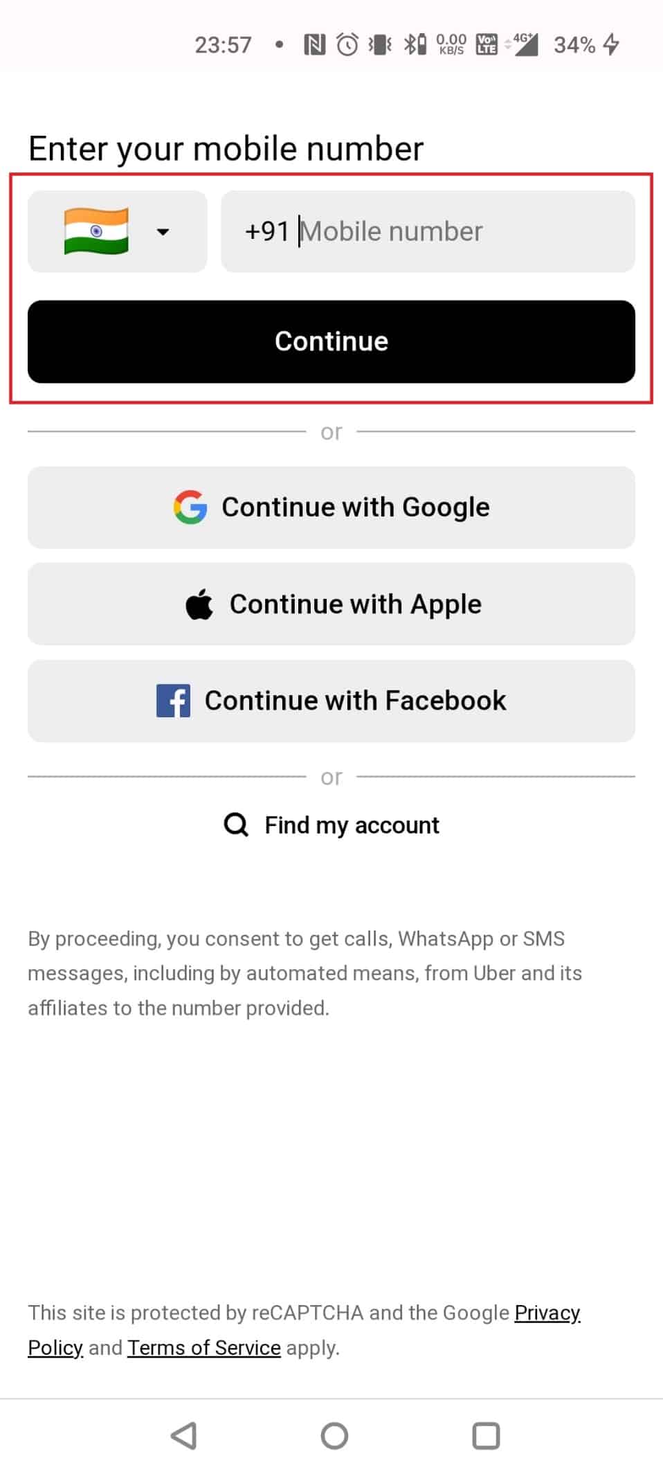 Enter your mobile number and tap on Continue