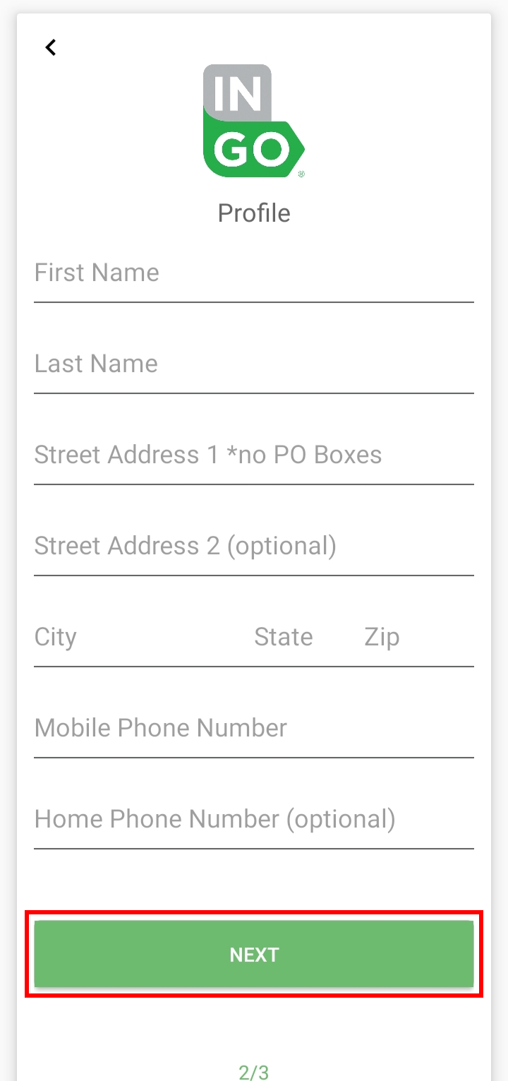 Enter your name, email, address, City, Zip, and phone number, and tap on the NEXT button.