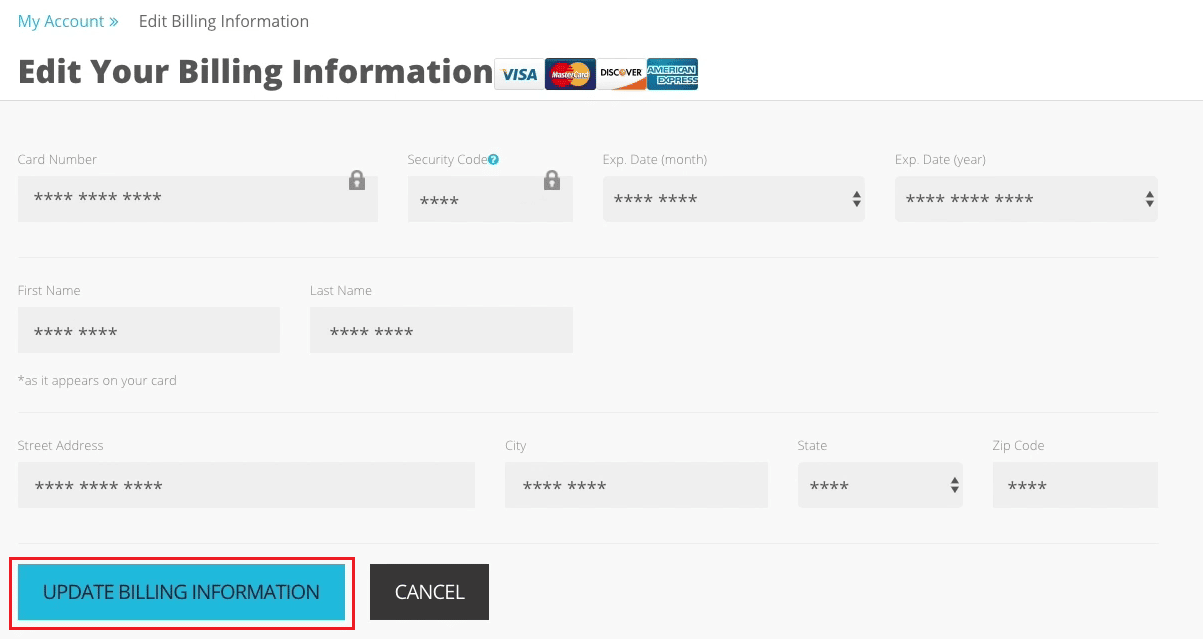 enter your new credit card number, security code, and expiry date in the given fields and click on UPDATE BILLING INFORMATION | How to Delete Sling Account 