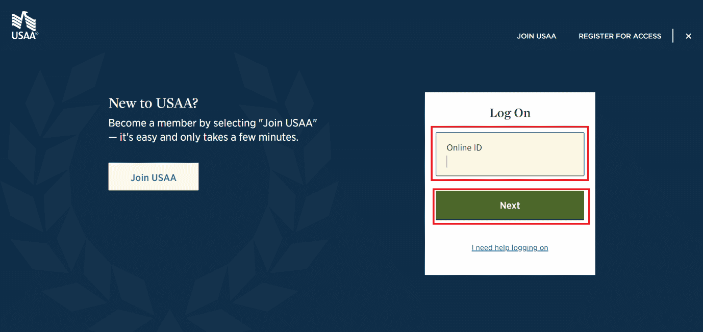 Enter your Online ID and click on Next | deposit cash into USAA account