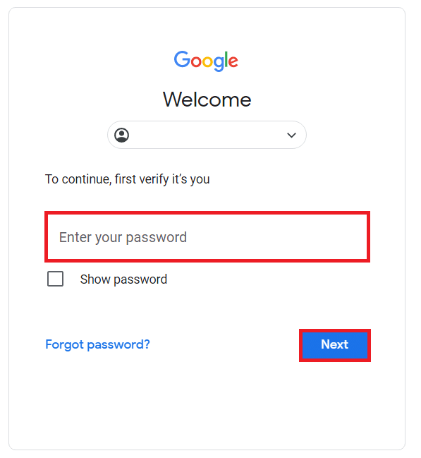 enter your Password in the required field and click on Next | How Do I Recover a Deleted Google Doc