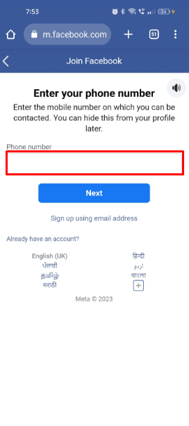Enter your phone number to register to Messenger and tap on the Next button.