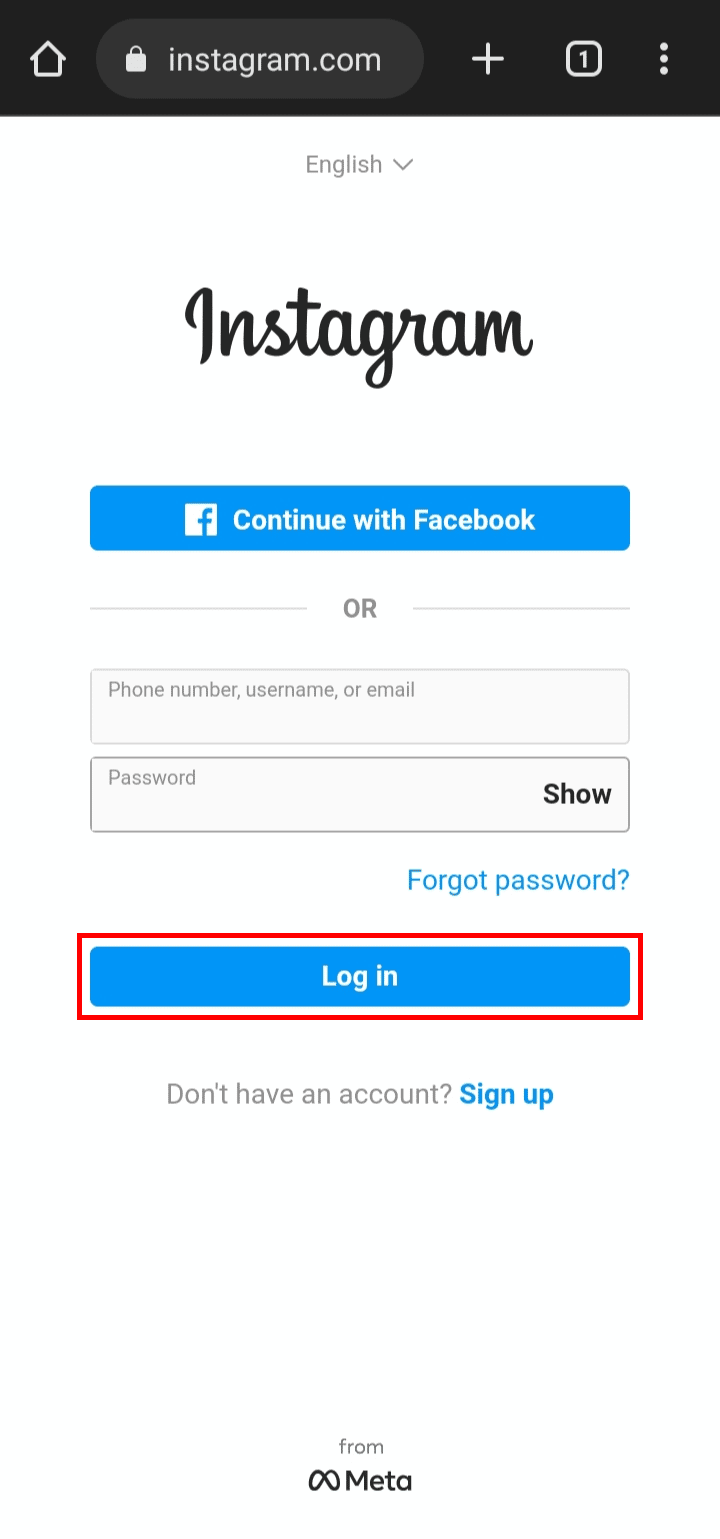 Enter your phone number, username, or email, and password, and tap on the Log in button. | How to Copy Your Instagram Profile Link from App
