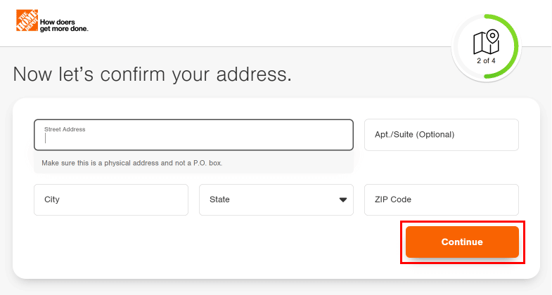 Enter your Street address, city name, zip code and select state then click on the Continue button.