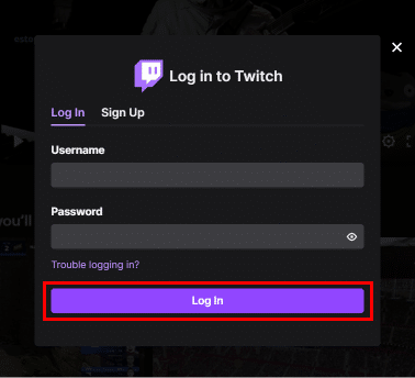Enter your Twitch username and password and click on the Log In button.