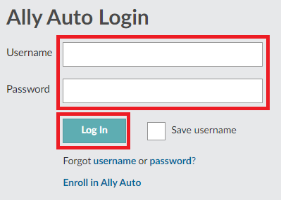 Enter your Username and Password and click on the Log In button | What is Ally Grace Period? | Ally Auto payments