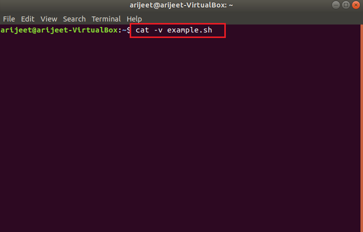 example.sh file open cat command in linux terminal