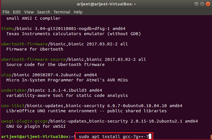 execute command to install gcc version 7 in ubuntu linux terminal