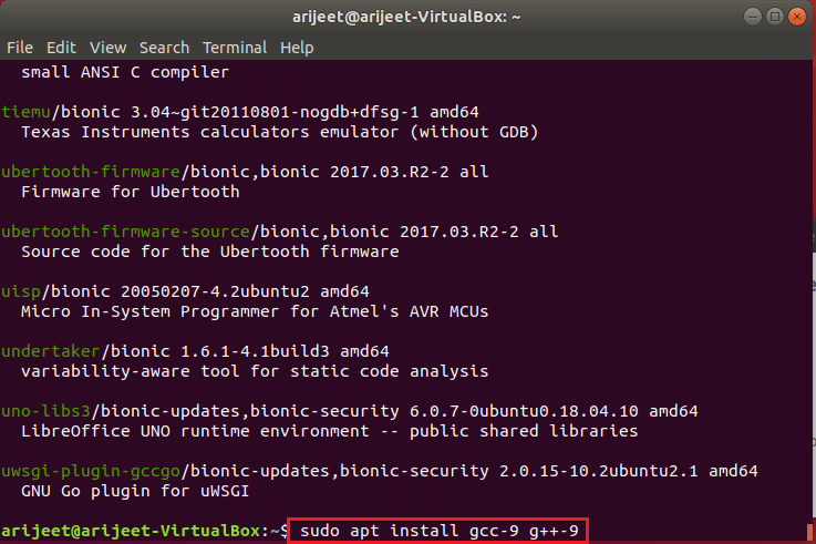 execute command to install gcc version 9 in ubuntu linux terminal
