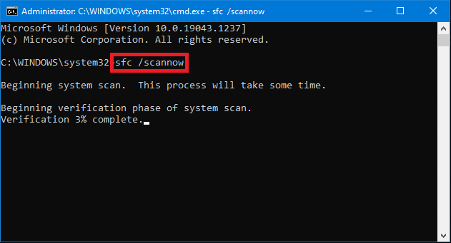 execute system file scan, SFC in Command prompt