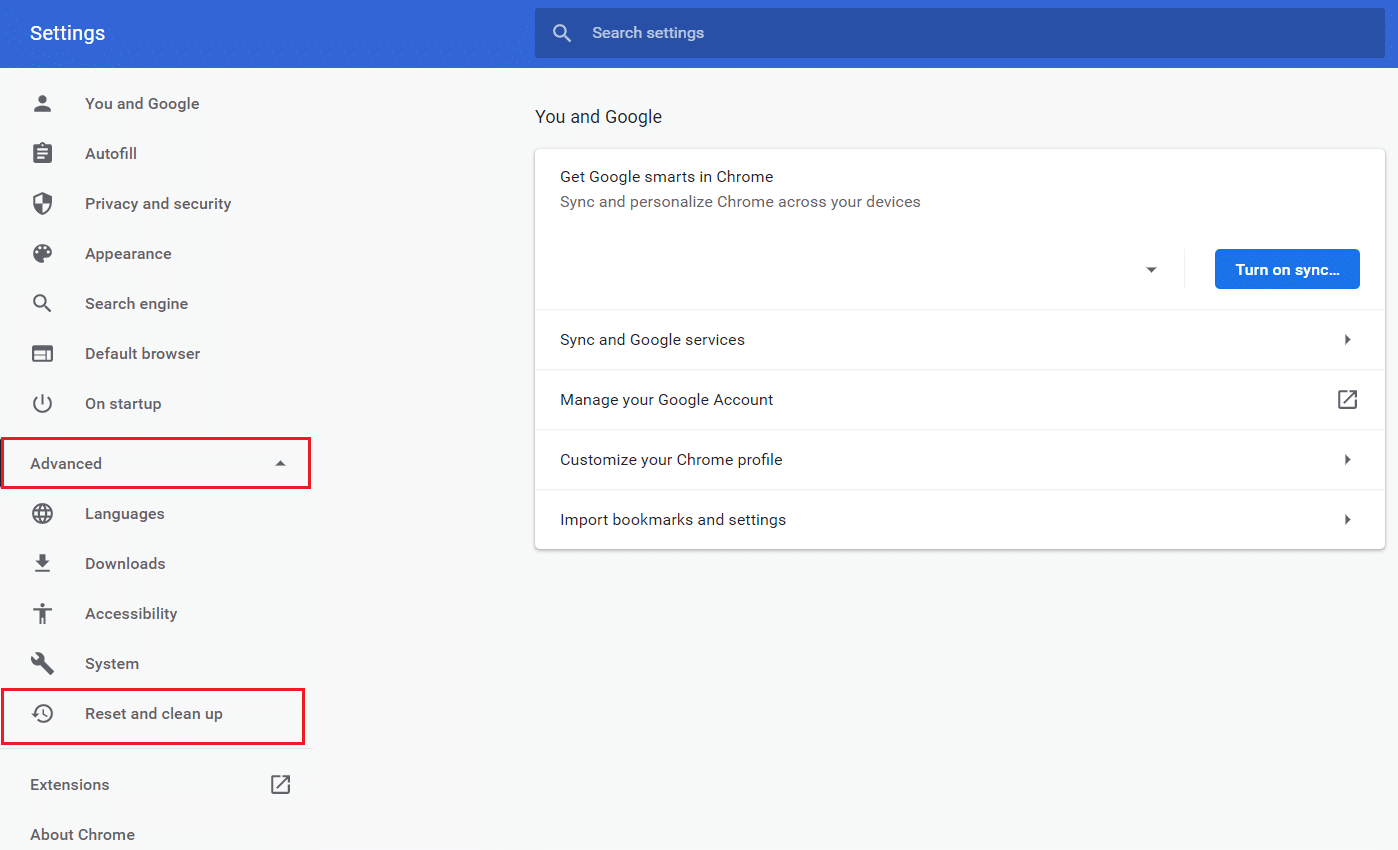 expand advanced menu and select reset and clean up option in google chrome settings. Fix Chrome Profile Error