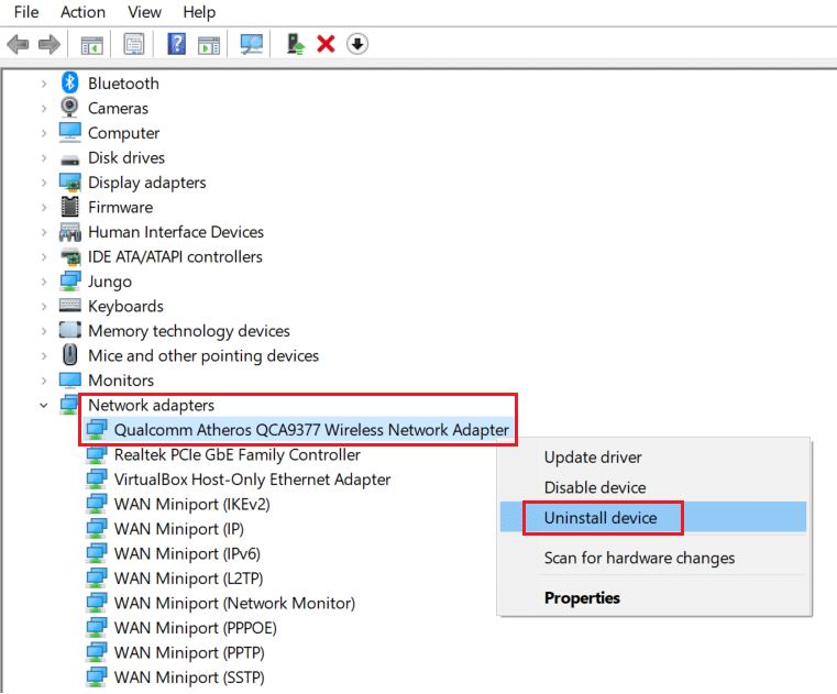 expand network adapters, then right click on your network driver and click on uninstall device in device manager. Fix Event 1000 Application Error in Windows 10