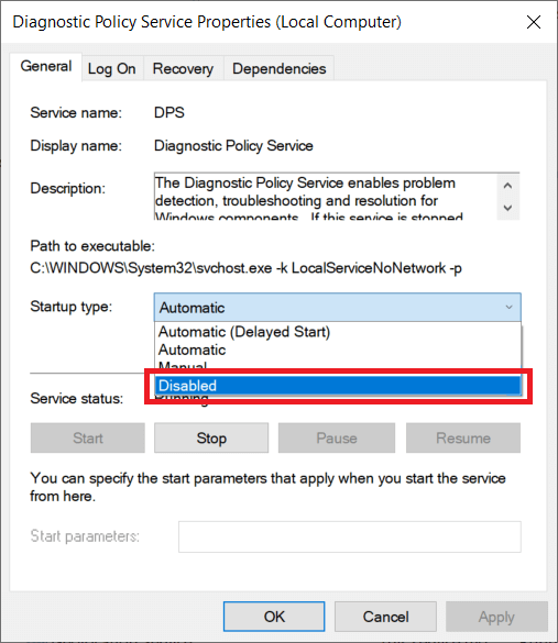 expand the Startup type drop-down menu and select Disabled. | Fix Service Host: Diagnostic Policy Service High CPU