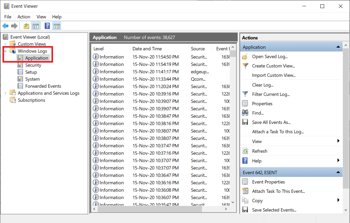 expand the Windows Logs folder by clicking on the tiny arrow and select Application